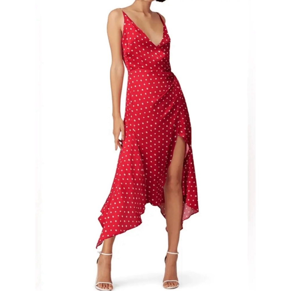 Haney Olivia Red White Polka Dot Satin Asymmetrical Faux Wrap Slip Dress Size 8